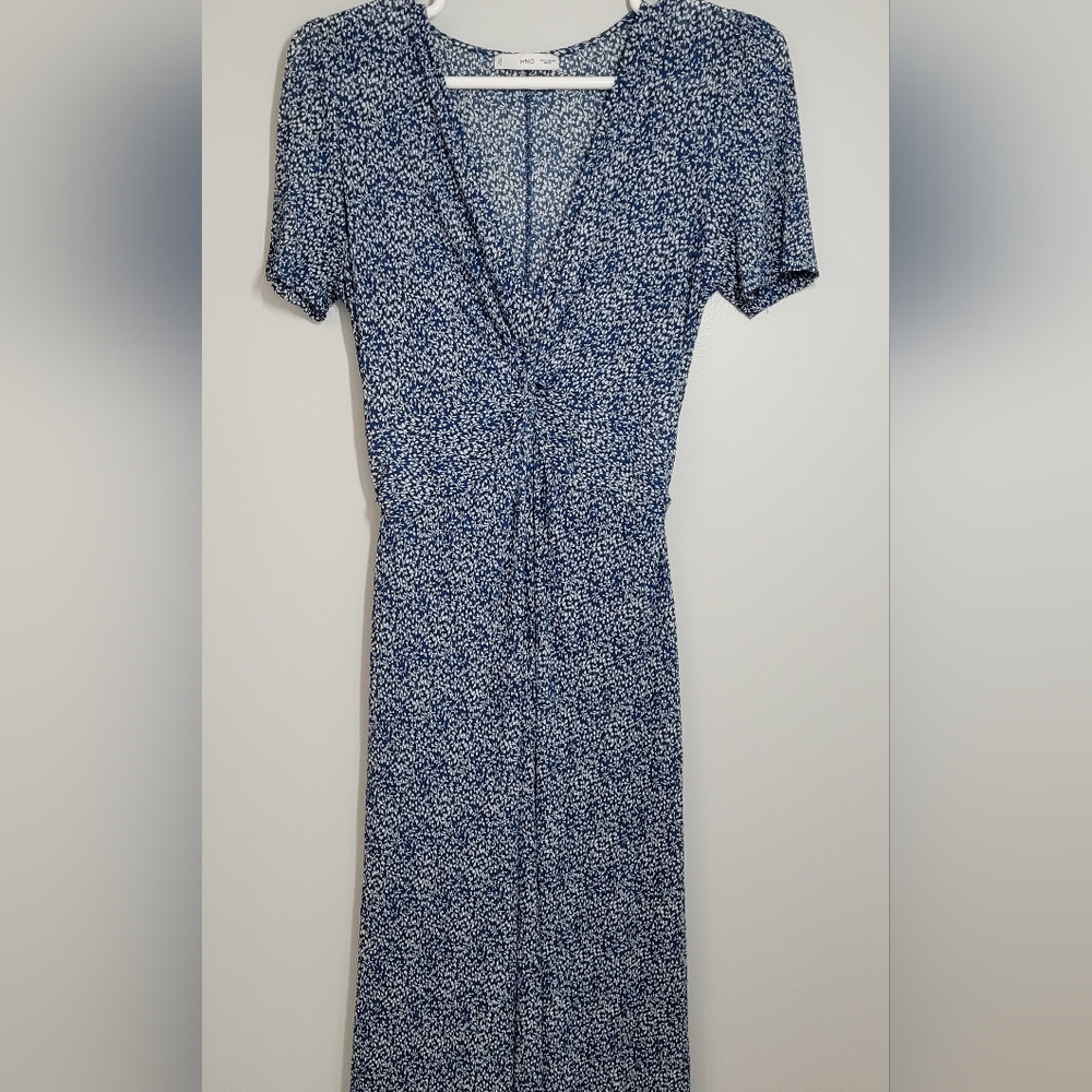 MNG Mango Empire Waist V-Neck Dress Blue & White Patterned Maxi Dress Sz.10 EUC